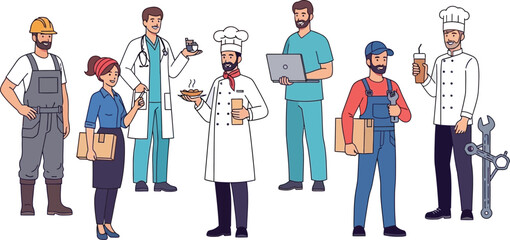 Obraz premium Illustration of diverse professionals including doctors chefs construction workers and mechanics