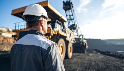 Mining Engineer Observing Giant Dump Truck  Excavator in a Coal Mine.