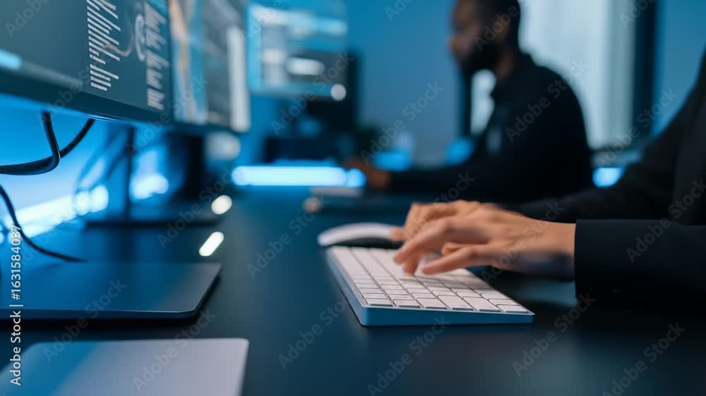 Poster professional office workspace with closeup of hands typing keyboard, modern computer monitors, techn