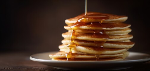 The delicious stack of pancakes drenched in golden syrup on a plate.
