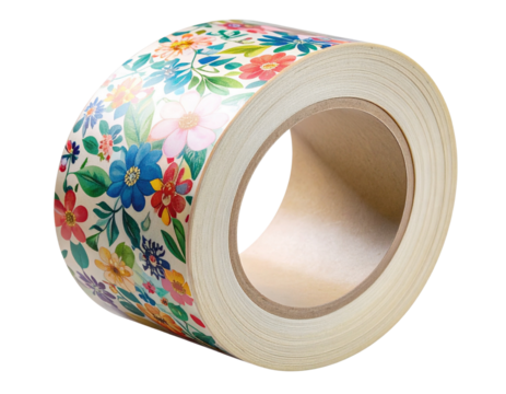 Single Roll of Decorative Washi Tape with Floral Pattern, Isolated on Transparent Background PNG
