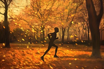 A lone runner enjoys a crisp autumn morning in a park with falling leaves