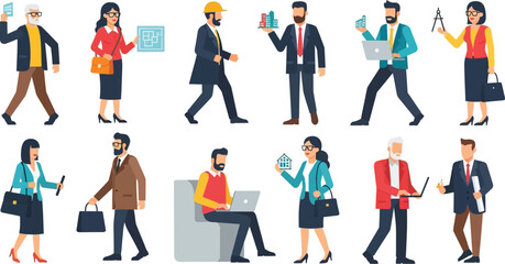 Flat vector illustration of diverse professional people in various occupations and activities