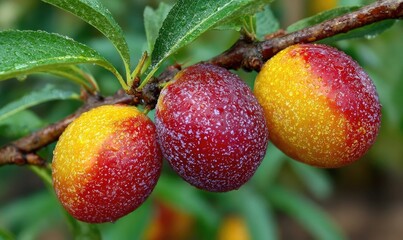 Obraz premium Close-up of three plums on a branch
