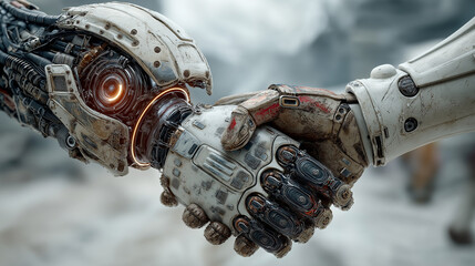 Advanced robot hands grasp in futuristic partnership, signaling technological progress and cooperation