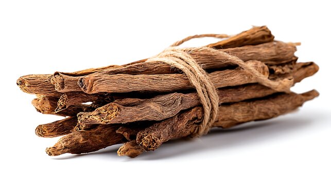 Heap of Brown Calamus Root Tied With Twine on White Background, Herbal Plant