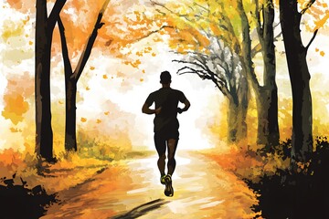 Man running on path lined with trees in autumn colors during the day