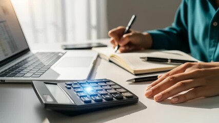 Business finance professional using calculator, laptop, and notebook for accounting, writing, and financial planning at office desk with sunlight, focused and organized workspace atmosphere - Powered by Adobe