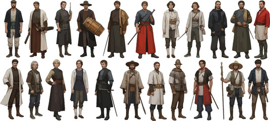 A collection of illustrations depicting various characters in different medieval style clothing