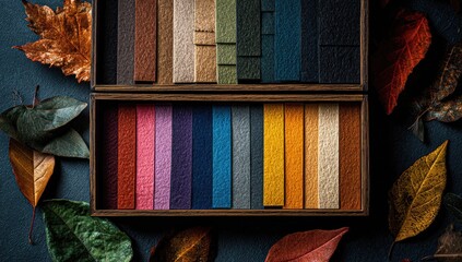 Wooden box showcasing colorful leather samples surrounded by autumn leaves