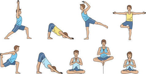 Illustrations showing a man performing various yoga poses for fitness and flexibility training routine