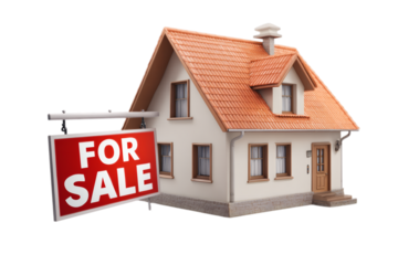 Model house with a red for sale sign isolated on transparent background