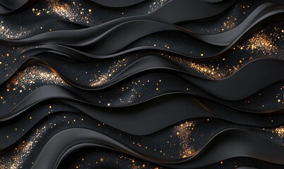 Abstract black waves with golden glitter dust background texture art design