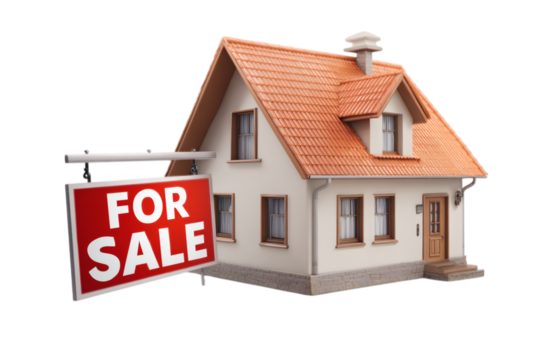 Model house with a red for sale sign isolated on transparent background - Powered by Adobe