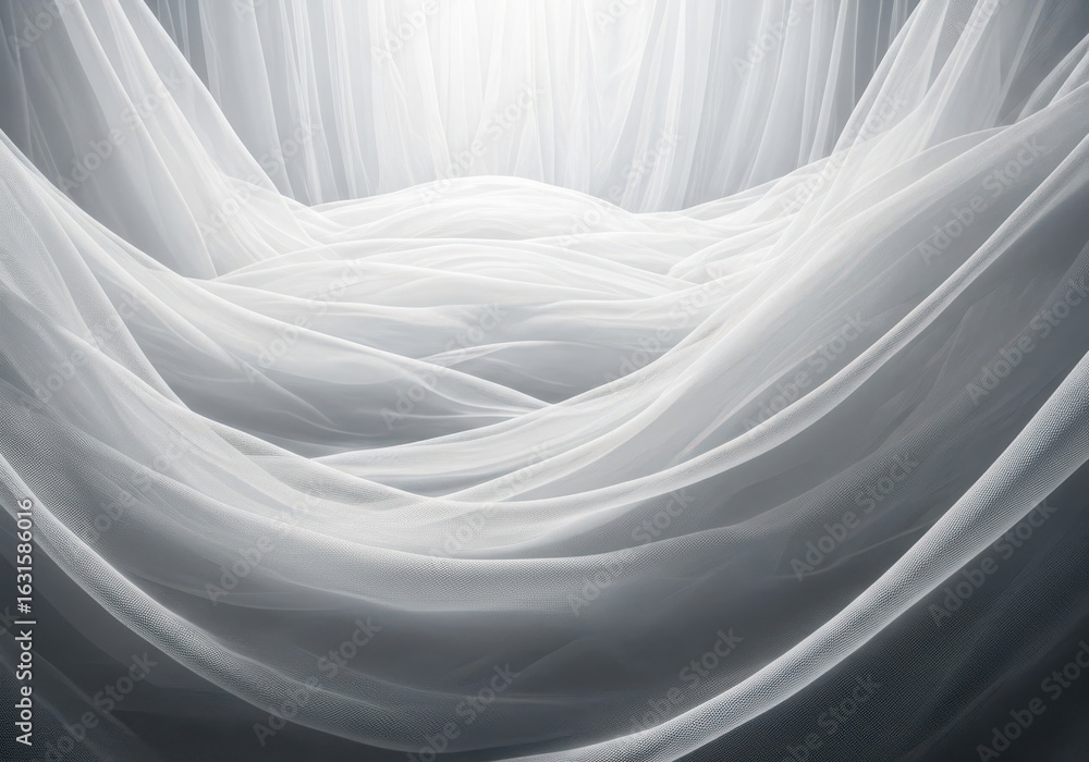 Poster photo of abstract flowing white fabric with textured folds and curves, creating a sense of ethereal 