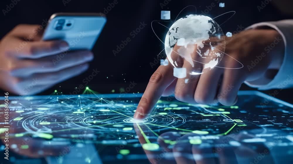 Aufkleber futuristic technology digital interface global network innovation connectivity touchscreen smartphon