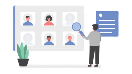 Person using magnifying glass to view profiles on a screen next to a plant and document icon