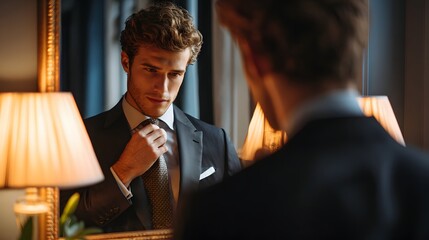 Man in Formal Suit Adjusting Tie While Looking at Reflection in a Mirror with Warm Lighting
