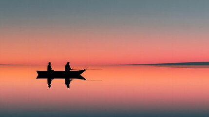 Silhouetted Figures in a Boat Enjoying a Peaceful Sunset Reflection on Calm Waters