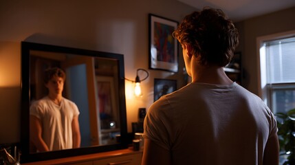 Young Man Staring Thoughtfully at His Reflection in a Mirror in Cozy Indoor Space with Soft Lighting