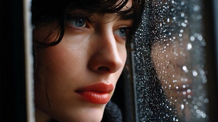 Closeup Portrait of a Thoughtful Woman with Blue Eyes Looking Out a Rainy Window