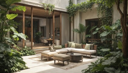 Fototapeta premium Modern tropical indoor courtyard with rich plants, comfortable seating area, terracotta tile flooring. Offers serene, zen-like oasis for relaxation, modern living, blending nature with contemporary