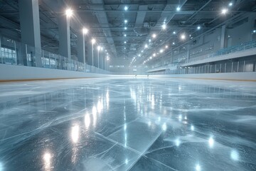 Empty indoor ice rink, modern lighting