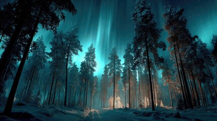 Snowy forest at night, aurora borealis