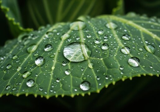 Photo of closeup macro shot of a vibrant green leaf covered in numerous clear water droplets after rain, highlighting its intricate texture and natural beauty