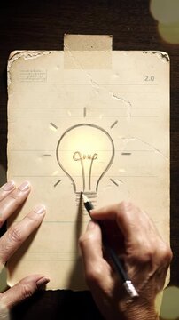 Well-groomed hands hold a graphite pencil, sketching a glowing lightbulb or writing "insight" on aged, lined paper with vintage tape. High-angle video, natural diffused light, soft bokeh,