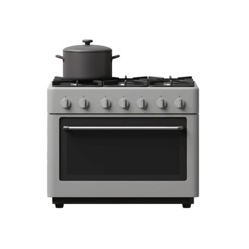 A minimalist 3D vector stove with four burners, a pot on top, and simple knobs. Rendered in clean flat tones with no shadows or reflections.