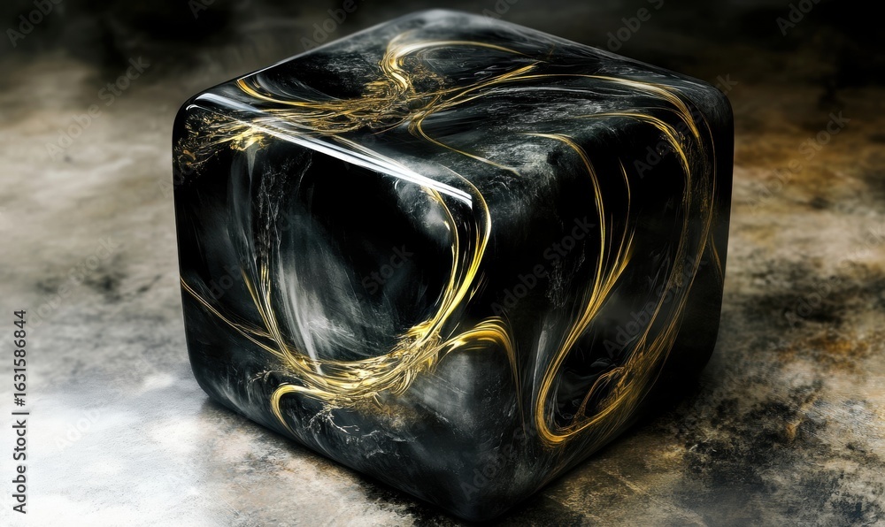 Poster abstract cube with gold swirls and dark background design texture