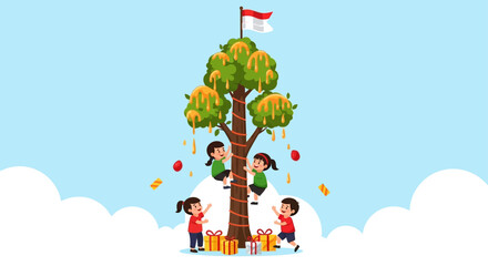 Vector illustration of kids climbing a greased areca tree (panjat pinang) to reach prizes, red and white flag on top, flat cartoon style