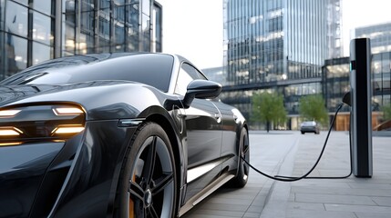 Electric Vehicle Charging at Urban Charging Station in Modern Cityscape with Sleek Architecture