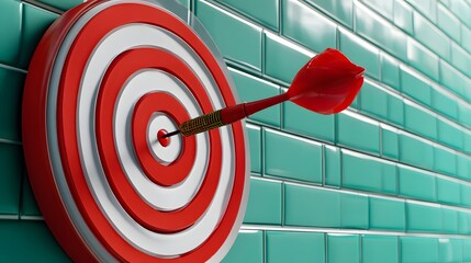Dart Hitting Bullseye on Round Target Against Vibrant Turquoise Tile Wall