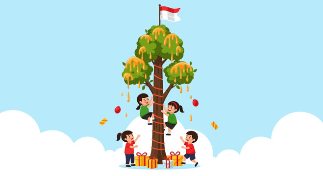 Vector illustration of kids climbing a greased areca tree (panjat pinang) to reach prizes, red and white flag on top, flat cartoon style