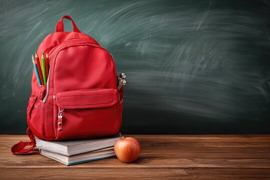 Red backpack, pencils, books, and apple on a wooden table in front of a chalkboard