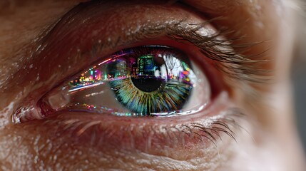 Close-Up of a Human Eye with Colorful Reflection and Vivid Texture Captured in Detail