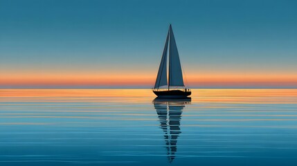Sailboat Gliding Across Calm Ocean Waters During Serene Sunset with Reflections on the Surface