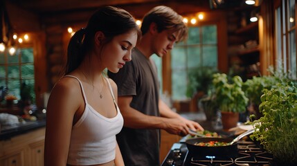 Young Couple Cooking Together in a Cozy Kitchen Surrounded by Fresh Vegetables and Natural Light