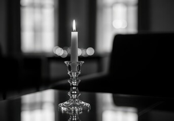 Photo of a single lit candle in a crystal candlestick on a table, casting a warm glow in the darkness