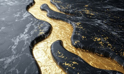 Abstract dark flowing shapes on gold background modern design illustration
