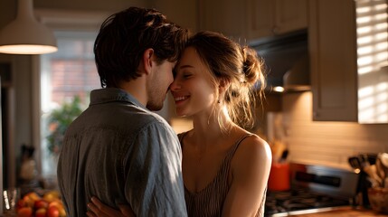 Couple Sharing a Tender Moment in a Sunlit Kitchen Embracing and Smiling at Each Other