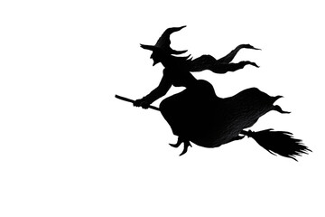 Black paper silhouette of a witch flying to Sabbath on Halloween night on white background. Homemande Halloween decoration, DIY. Trendy Halloween minimal card or poster, Italian Befana