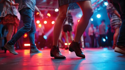 Energetic Dance Floor Scene with Colorful Lighting and Dynamic Motion at a Nighttime Celebration