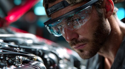 Focused Male Mechanic Wearing Goggles While Inspecting Engine Components in Automotive Workshop