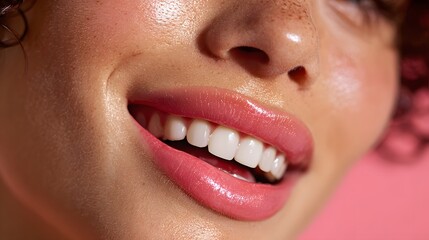 Closeup Portrait of a Young Woman Smiling with Glossy Lips Against a Soft Pink Background