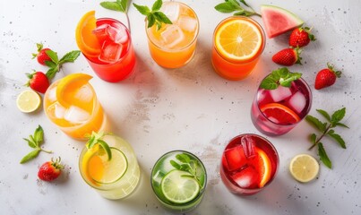 Assorted fruit juices in a colorful circle refreshing summer drink collection