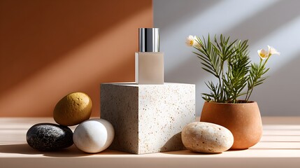 Elegant Still Life Arrangement of Perfume Bottle with Decorative Stones and Fresh Flowers