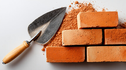 Red bricks with mortar and trowel, construction and building industry on white background